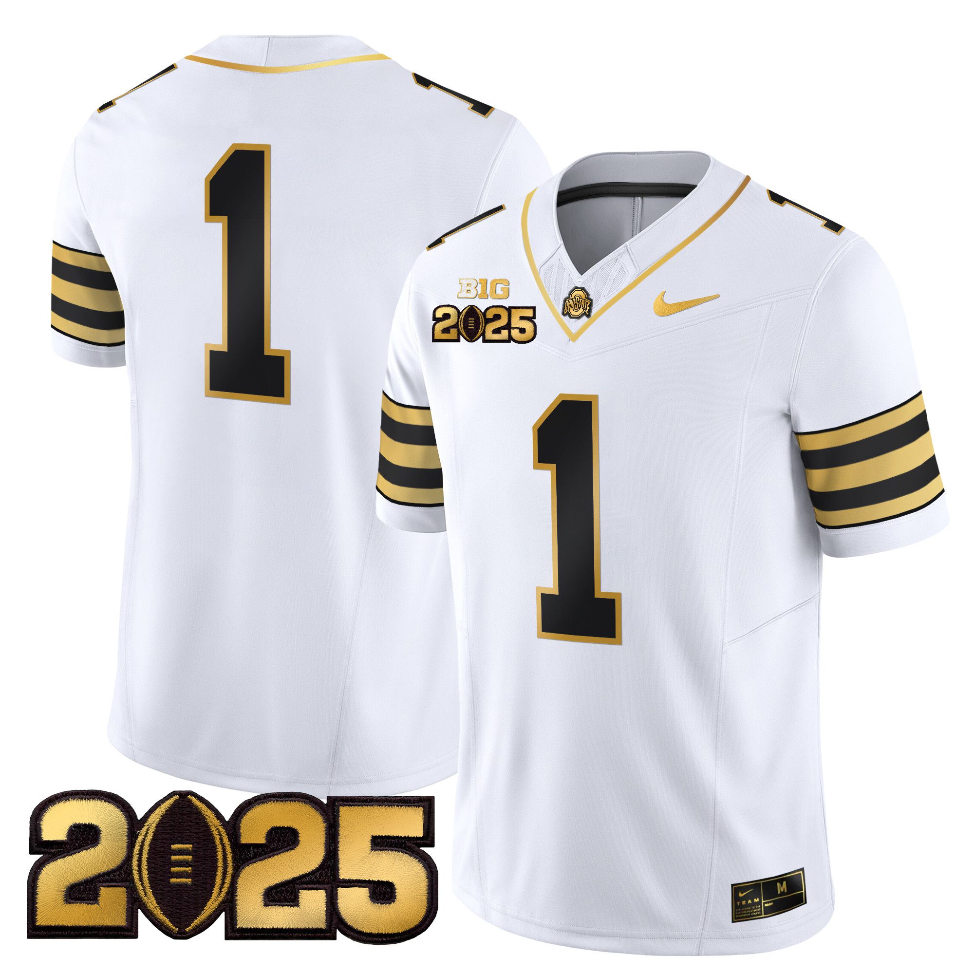 Men Ohio State Buckeyes #1 No Name White 2025 CFP Final Patch Gold Vapor Limited NCAA Jersey